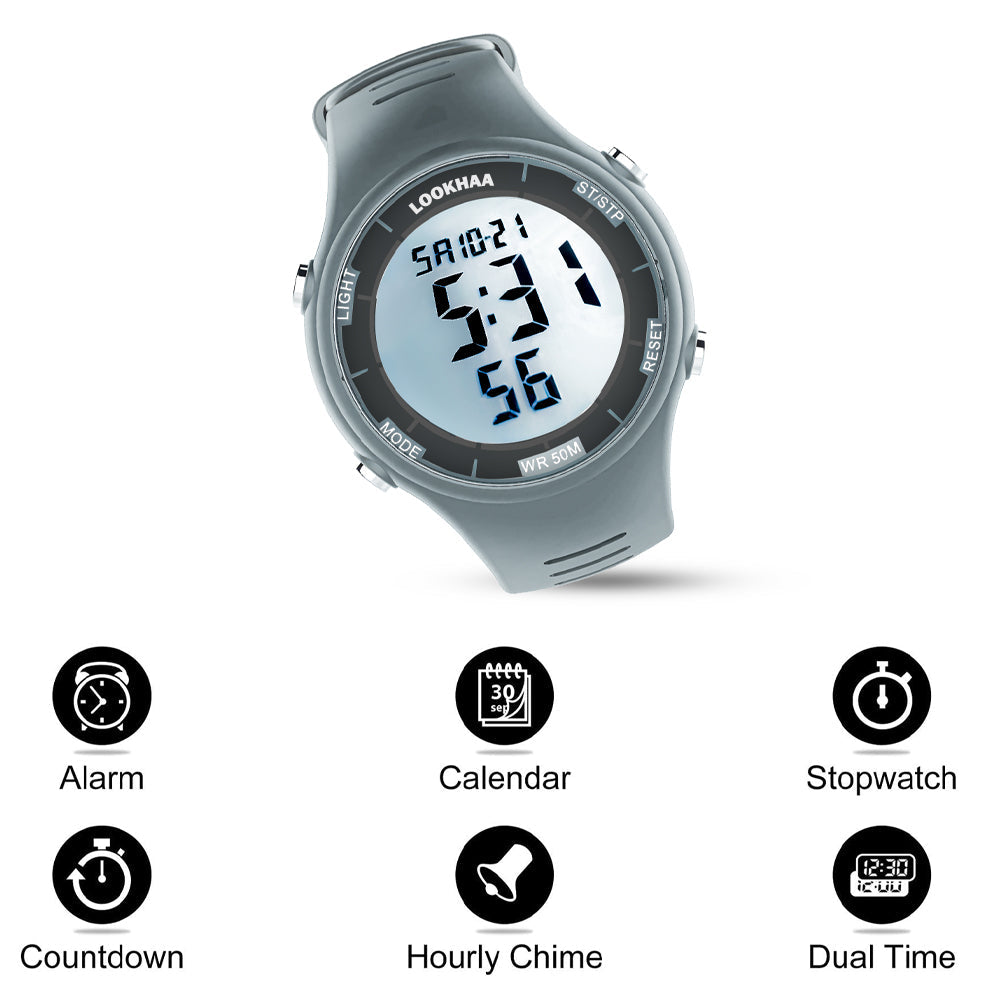 Lookhaa Sports Watch Multi functional Big Screen Watch For Kids Digital Sports Luminous Chronograph Day Date Alarm Stopwatch Casual Sports Wrist Watch For Boy - Grey lookhaa
