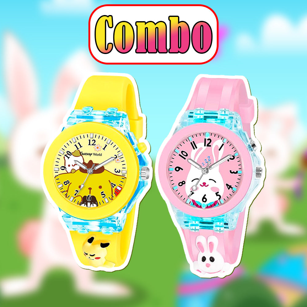 Lookhaa Banny & Rabbit Cartoon Analog Light Watch Combo - Pink & Yellow