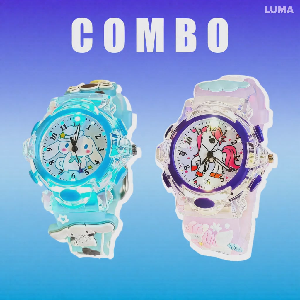 Unicorn & Bunny Cartoon Analog Light Watch Combo - Blue & Perple (Combo)