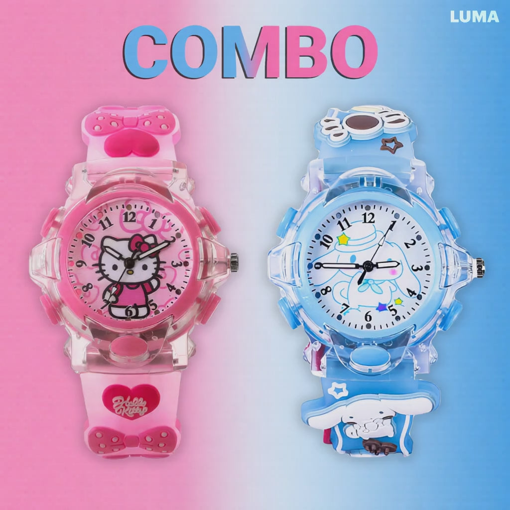 Kitty & Rabbit Cartoon Analog Light Watch Combo - Pink & Blue (Combo)