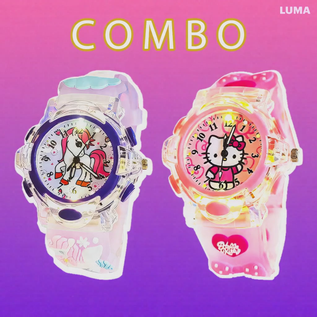 Unicorn & Kitty Cartoon Analog Light Watch Combo - Perple & Pink (Combo)